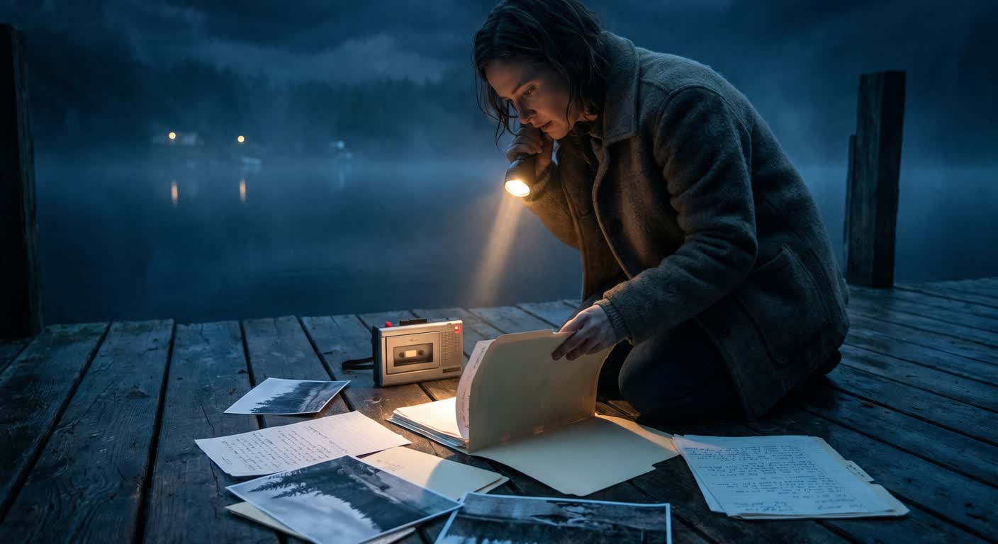 Portable recorder, case files, and a flashlight set beside dark water at night