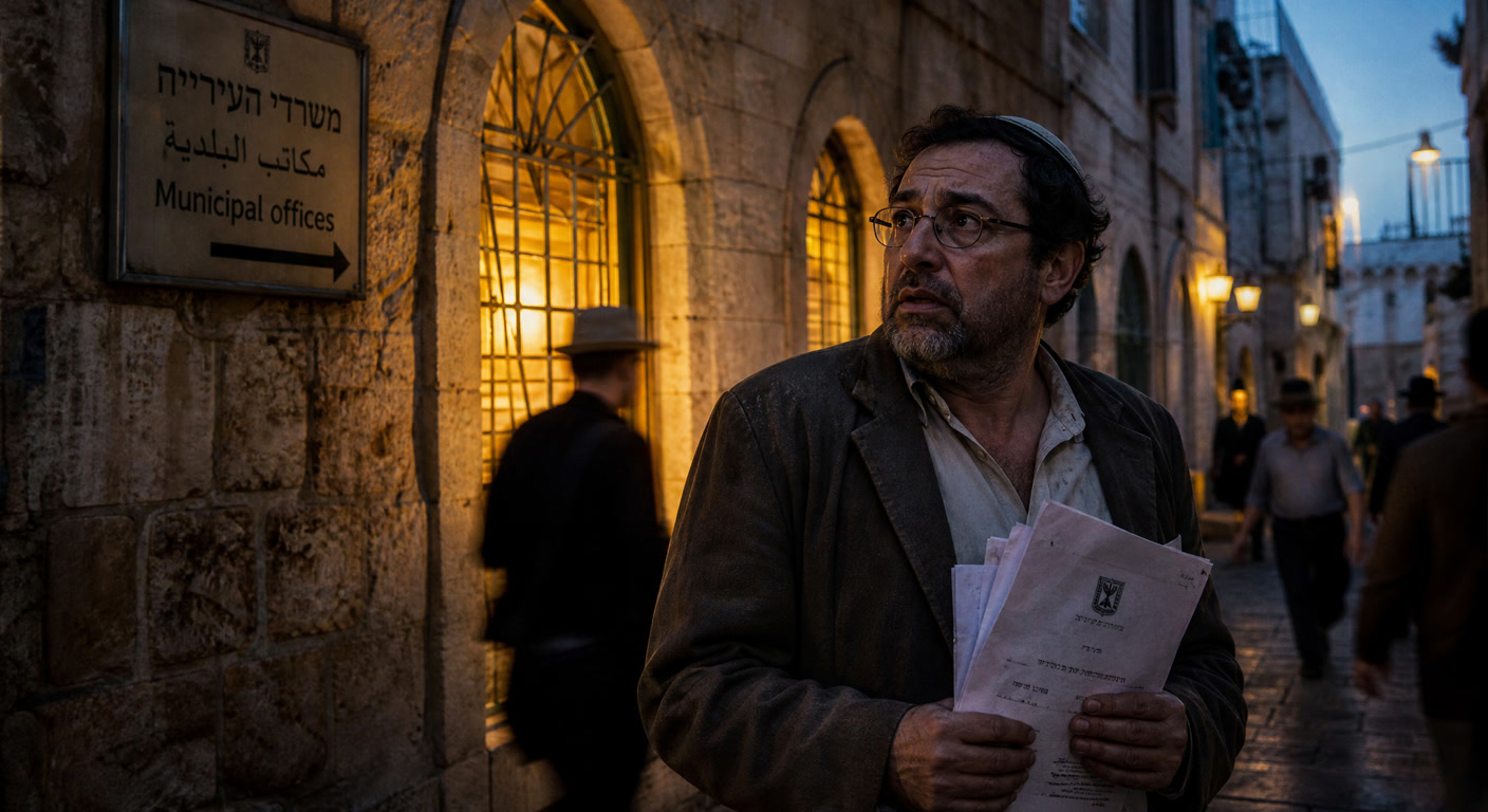 A worried man clutching official papers on a Jerusalem street beside a sign for municipal offices at dusk