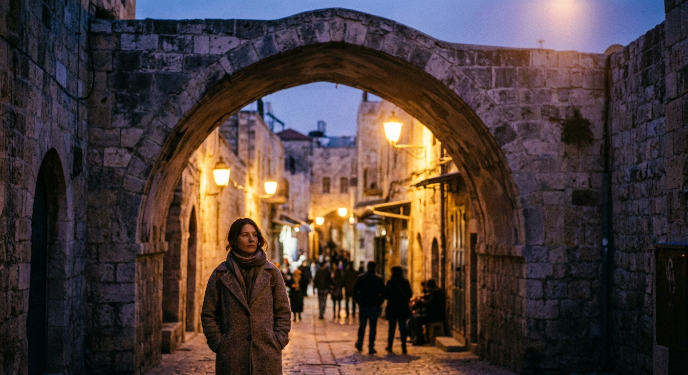 A woman in a long coat standing in a lantern-lit stone archway in Jerusalem at dusk