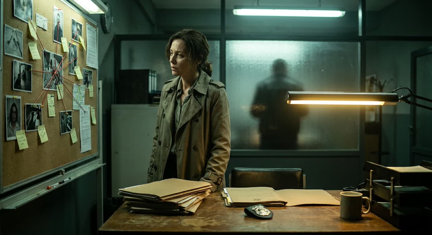 Detective in an evidence archive holding a childhood photo with her badge visible beneath a desk lamp