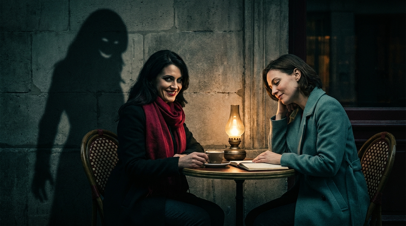 Two shadowed women facing one another across a thin red divide