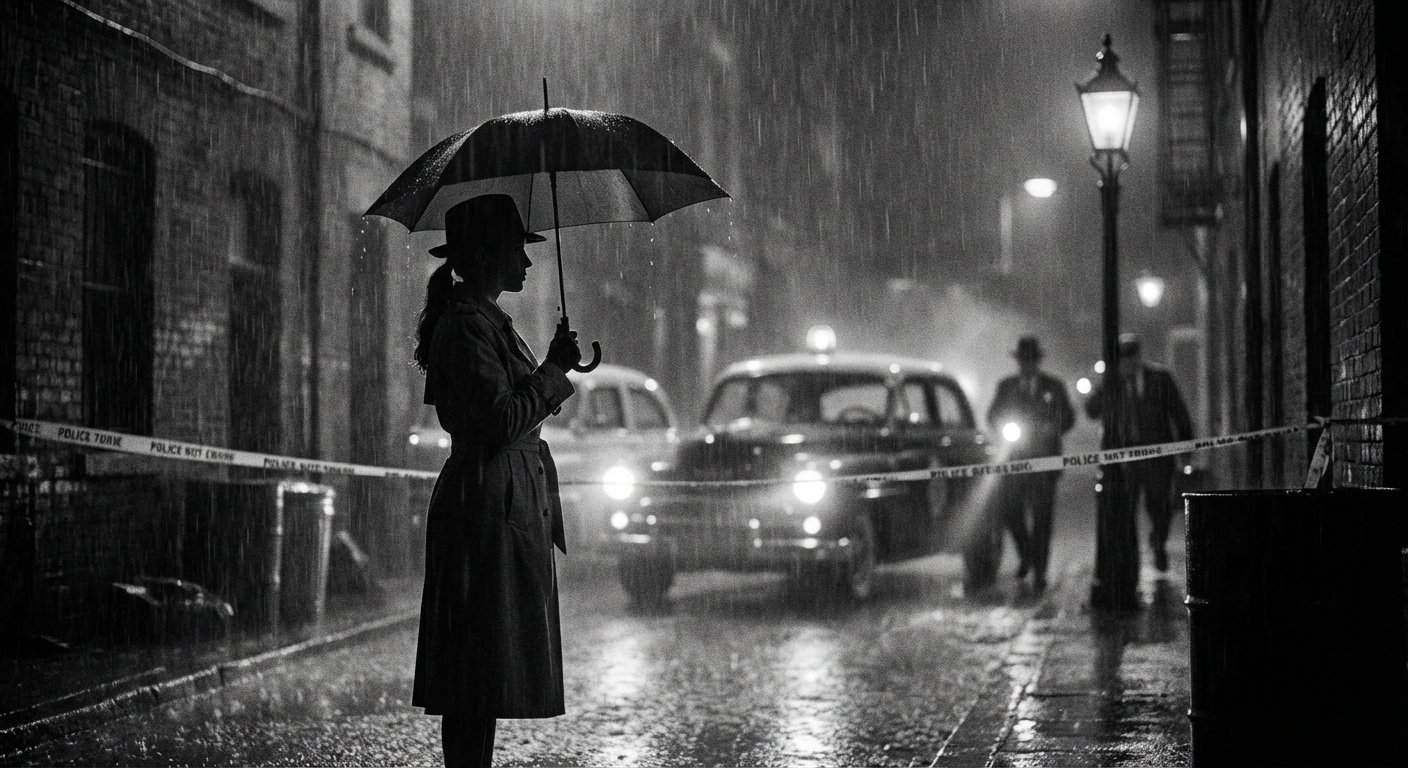 Female detective silhouette in rain at a dark crime scene