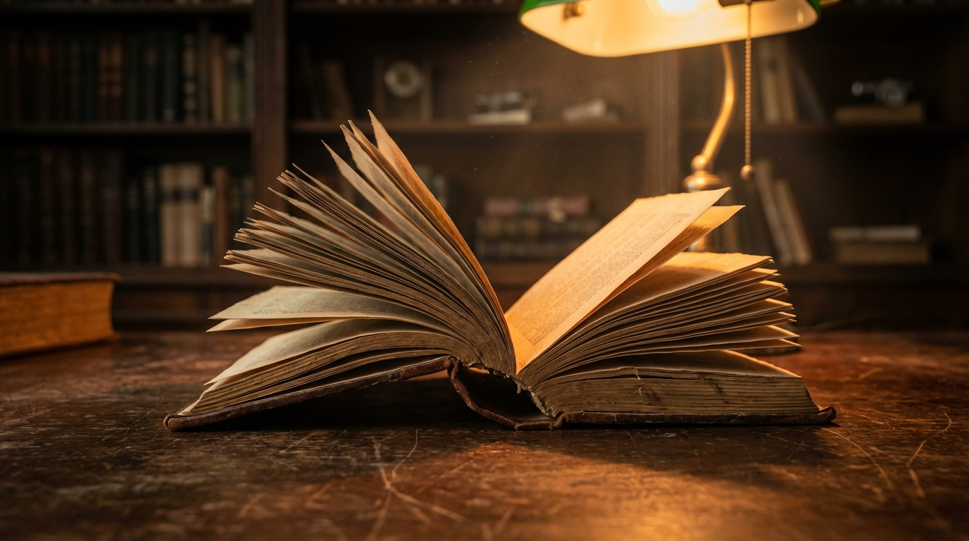 A moody library scene with an open book, shelves in shadow, and a magnifying glass waiting nearby