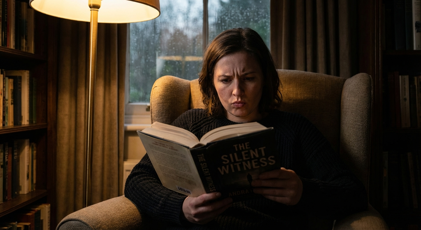 Woman reading a thriller alone at night under dramatic lamp light