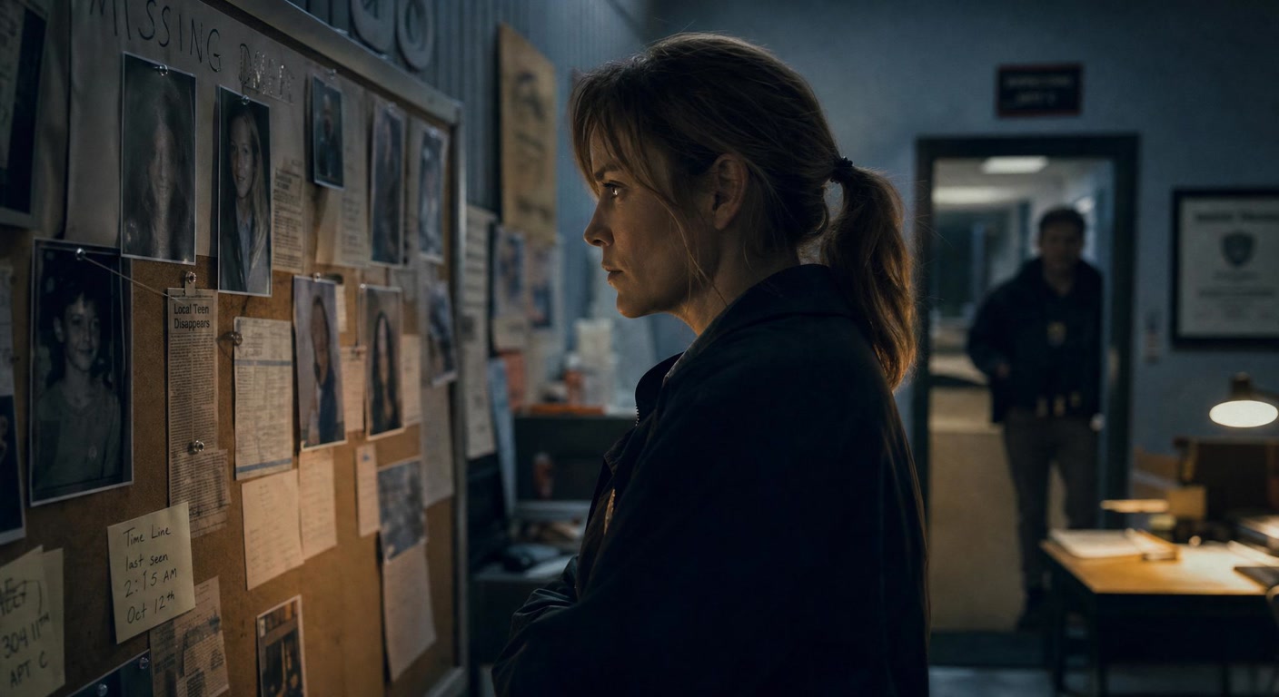 A female detective studies a violent case file under harsh station lighting