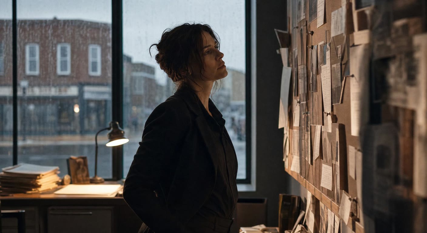 A female detective in a small-town police station studying a crowded case board