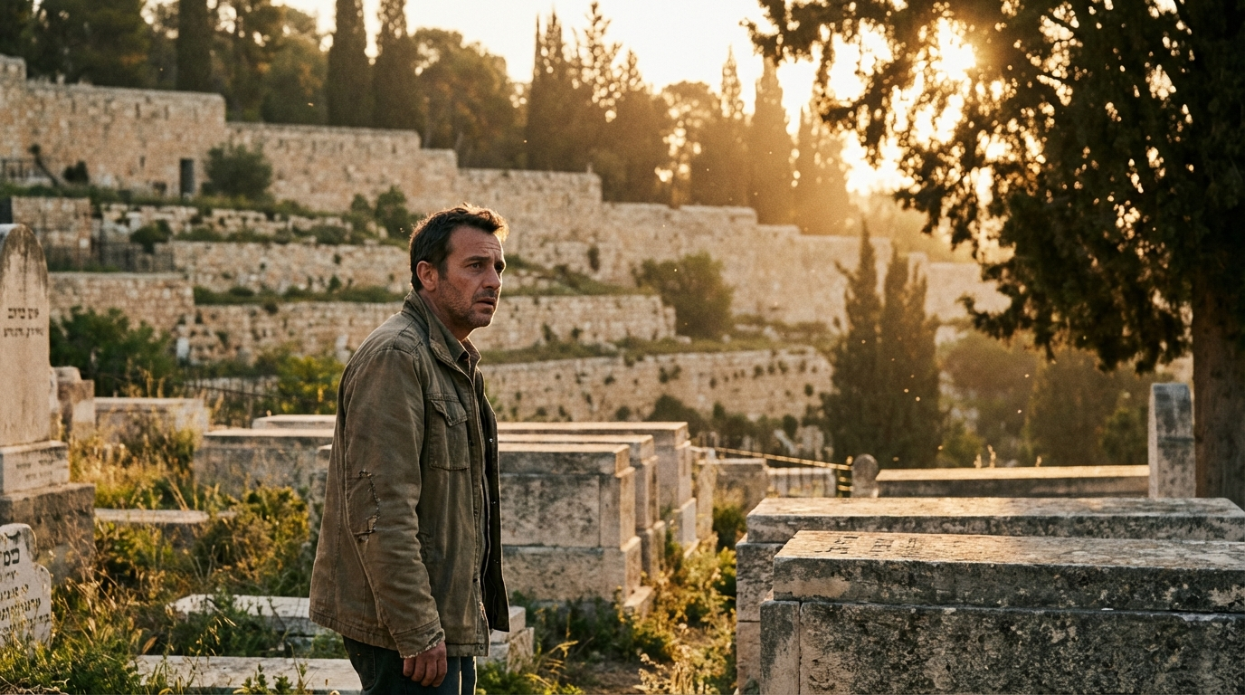 A man standing in an ancient Jerusalem cemetery at dawn, golden light streaming through cypress trees