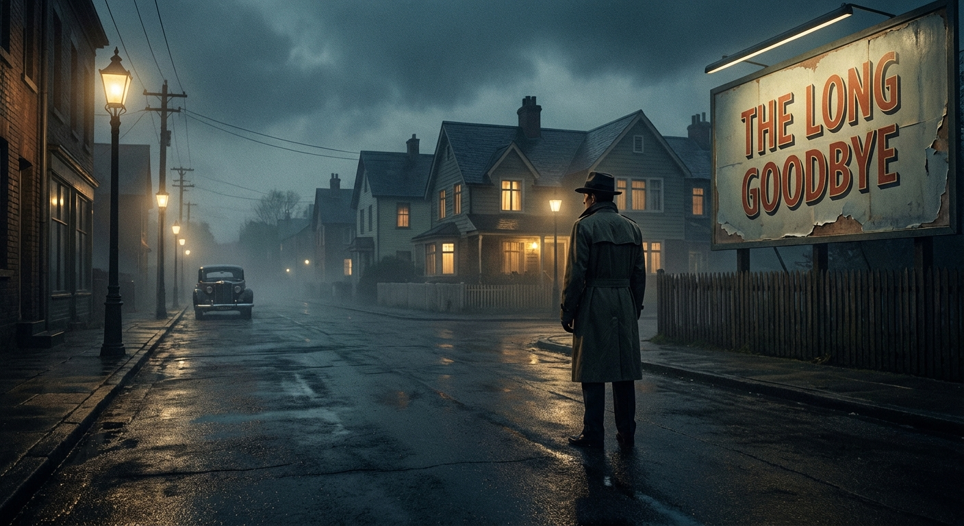 Lone detective at edge of small town at dusk