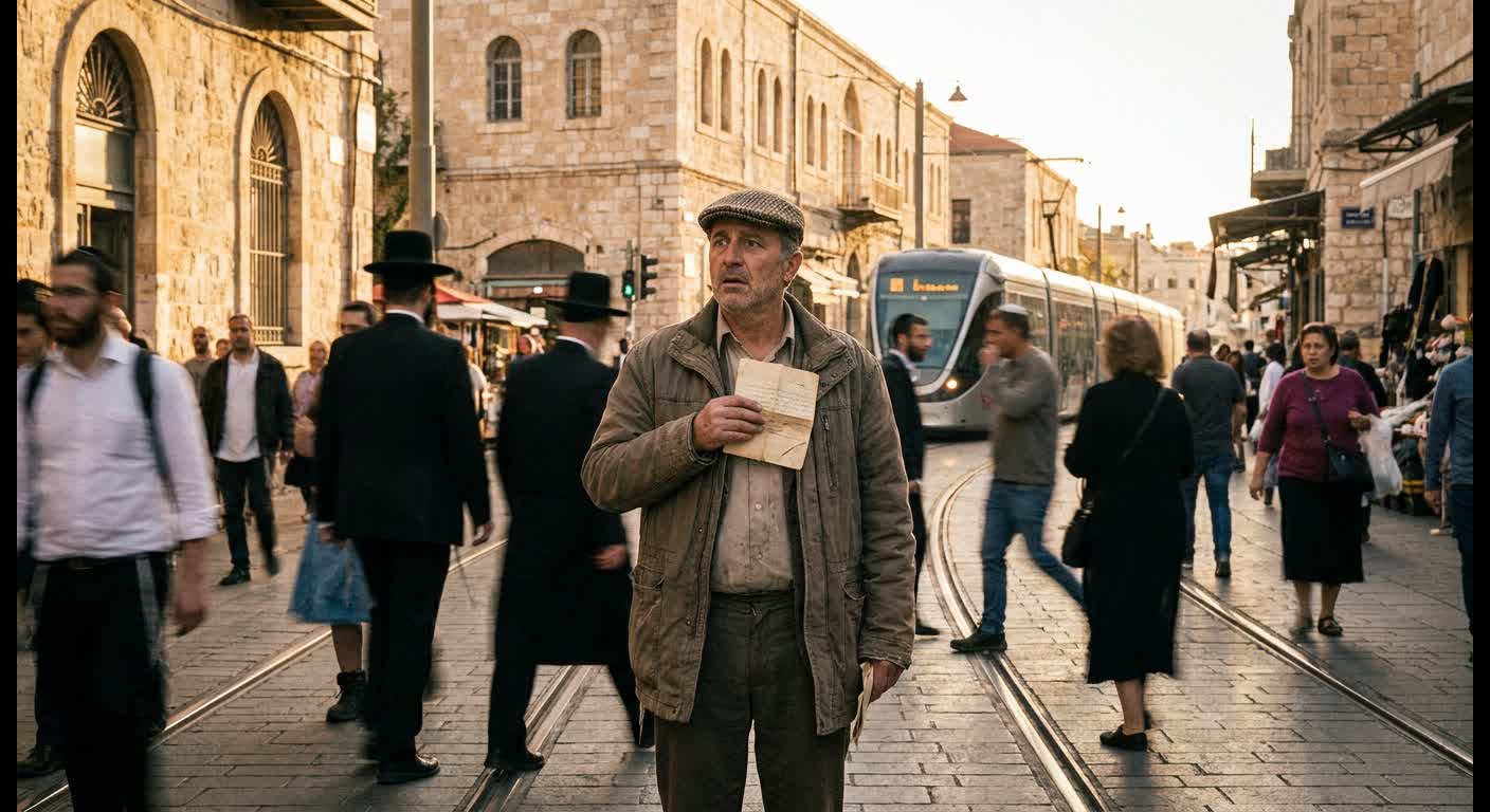 A middle-aged man standing still on a crowded Jerusalem street at golden hour while pedestrians blur past