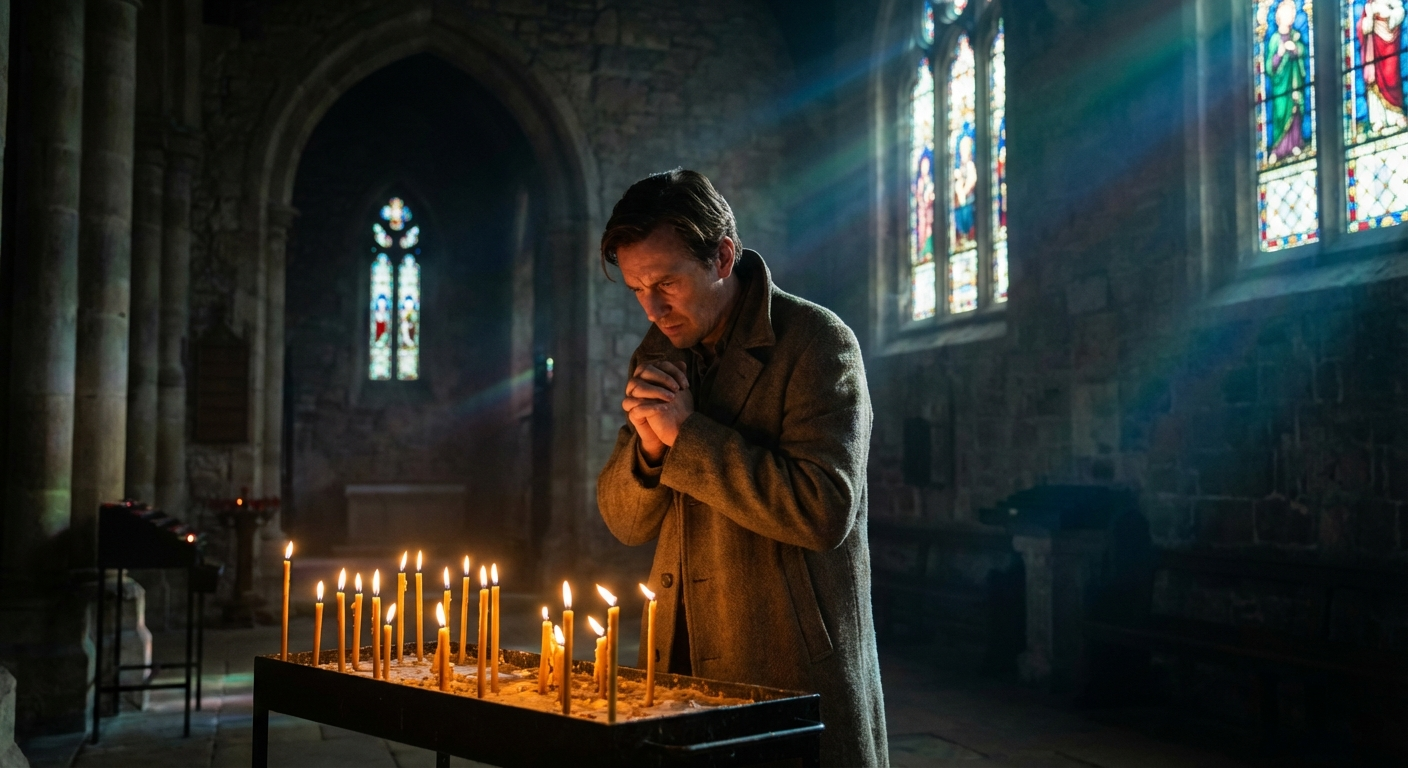 Person praying alone in dimly lit stone church with stained glass light