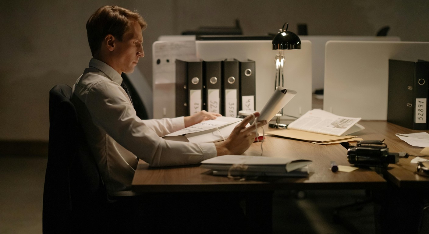 Detective studying case files late at night in a dim office