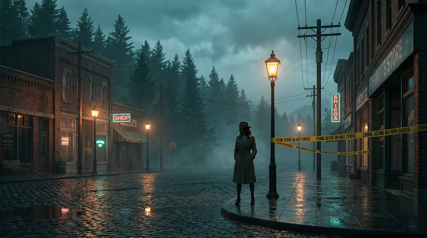 Female detective standing on a rain-slick small-town street at dusk