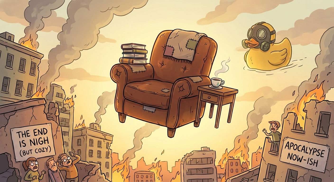 A cozy armchair floating serenely amid a whimsical apocalyptic landscape