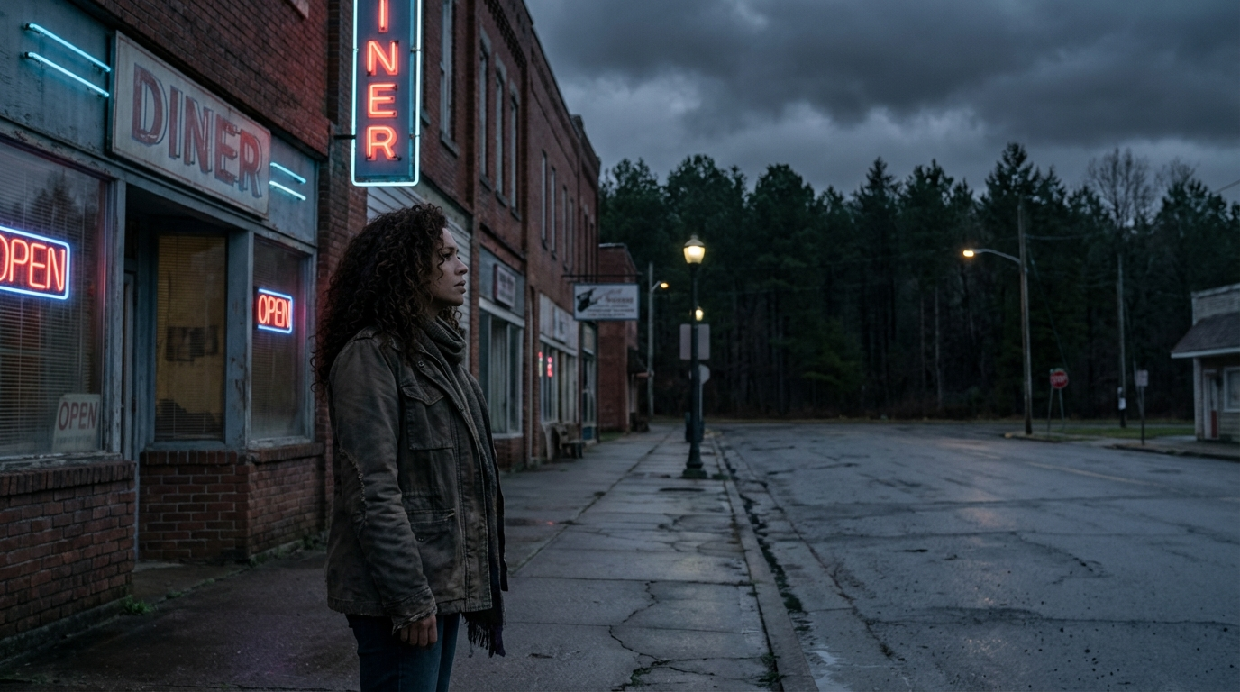 A woman standing at the edge of a small town street at dusk, looking toward a dense forest in the distance