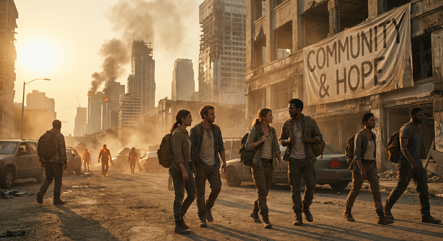 A cinematic apocalyptic cityscape at golden hour with people walking casually