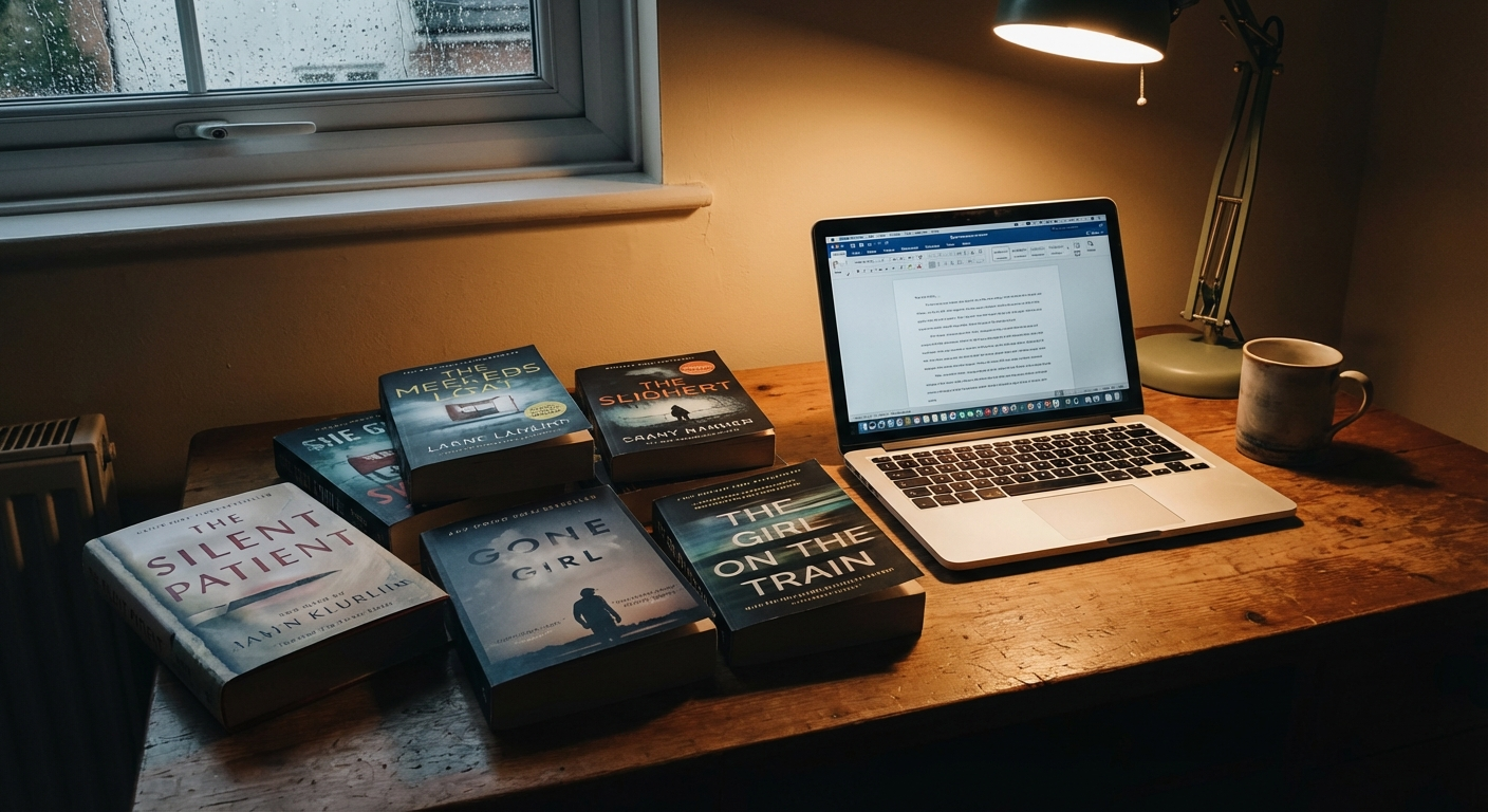 Stack of thriller books with indie publishing success story