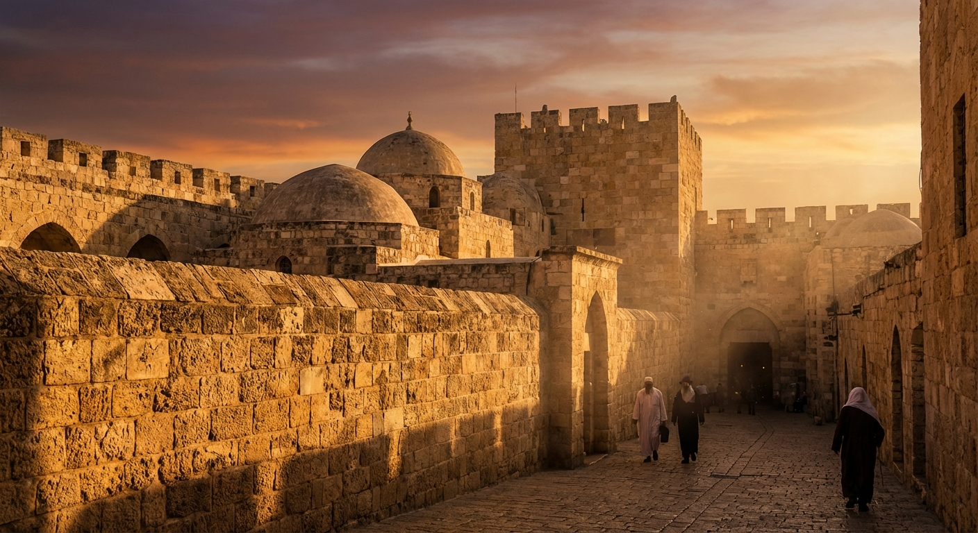 Golden Jerusalem stone walls at sunset with ancient architecture