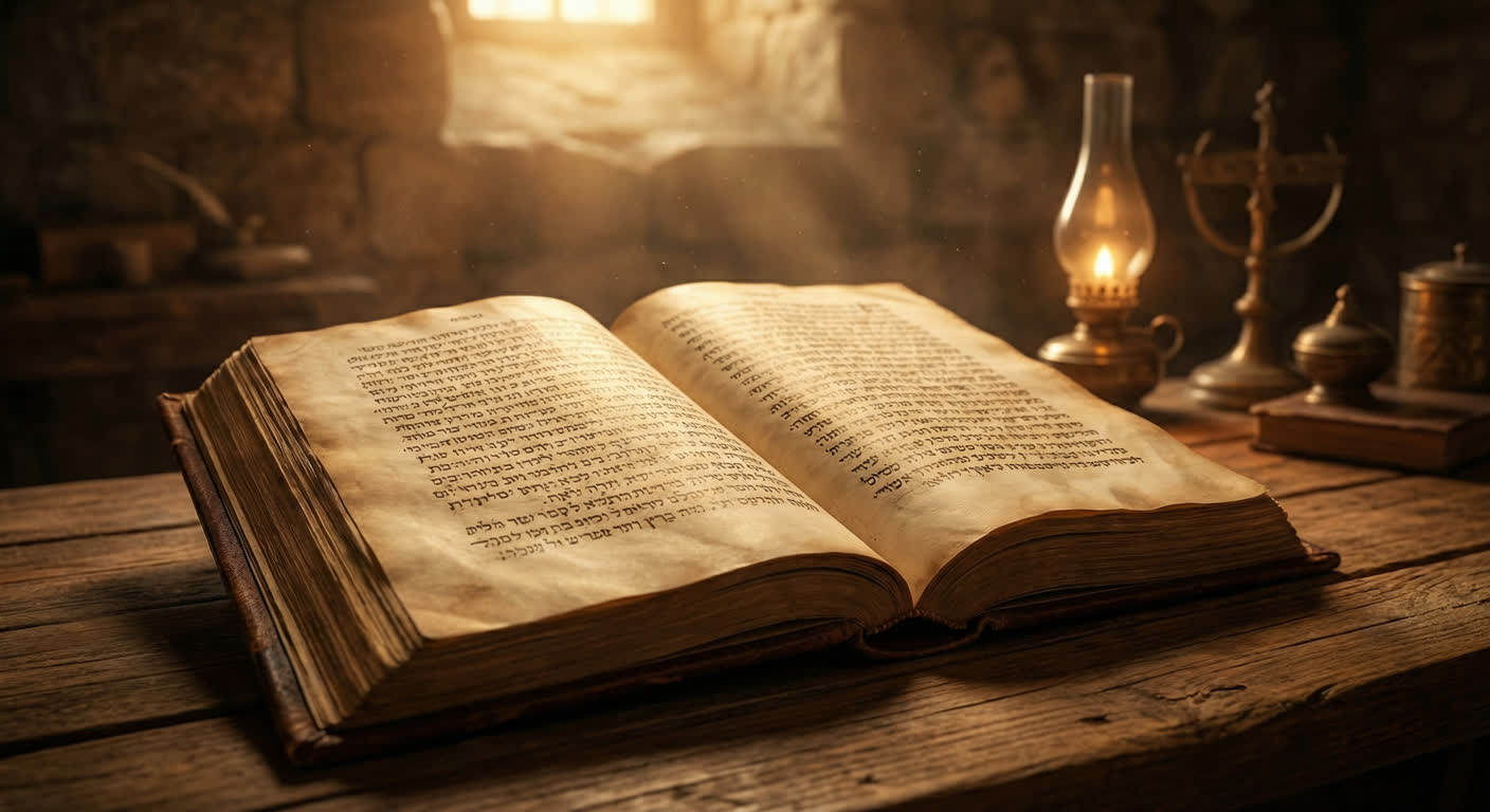 A lamplit room with Hebrew text and a mysterious old book on a wooden table