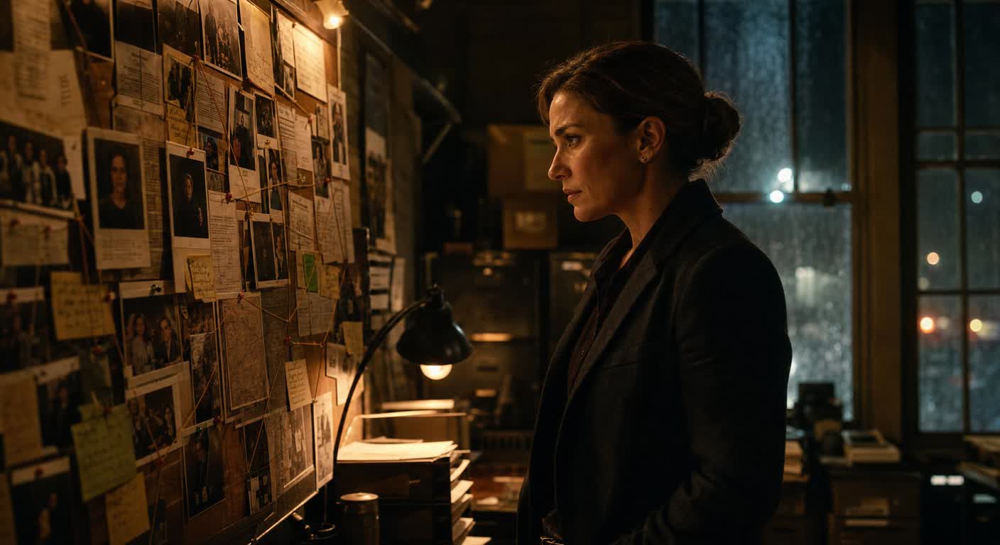 A female detective studies an evidence board in a small-town police archive