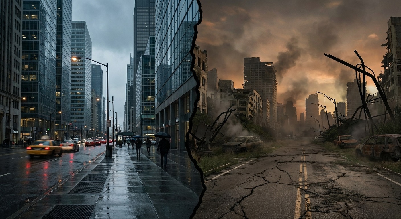 A modern city street dissolving into an apocalyptic skyline under storm-lit clouds