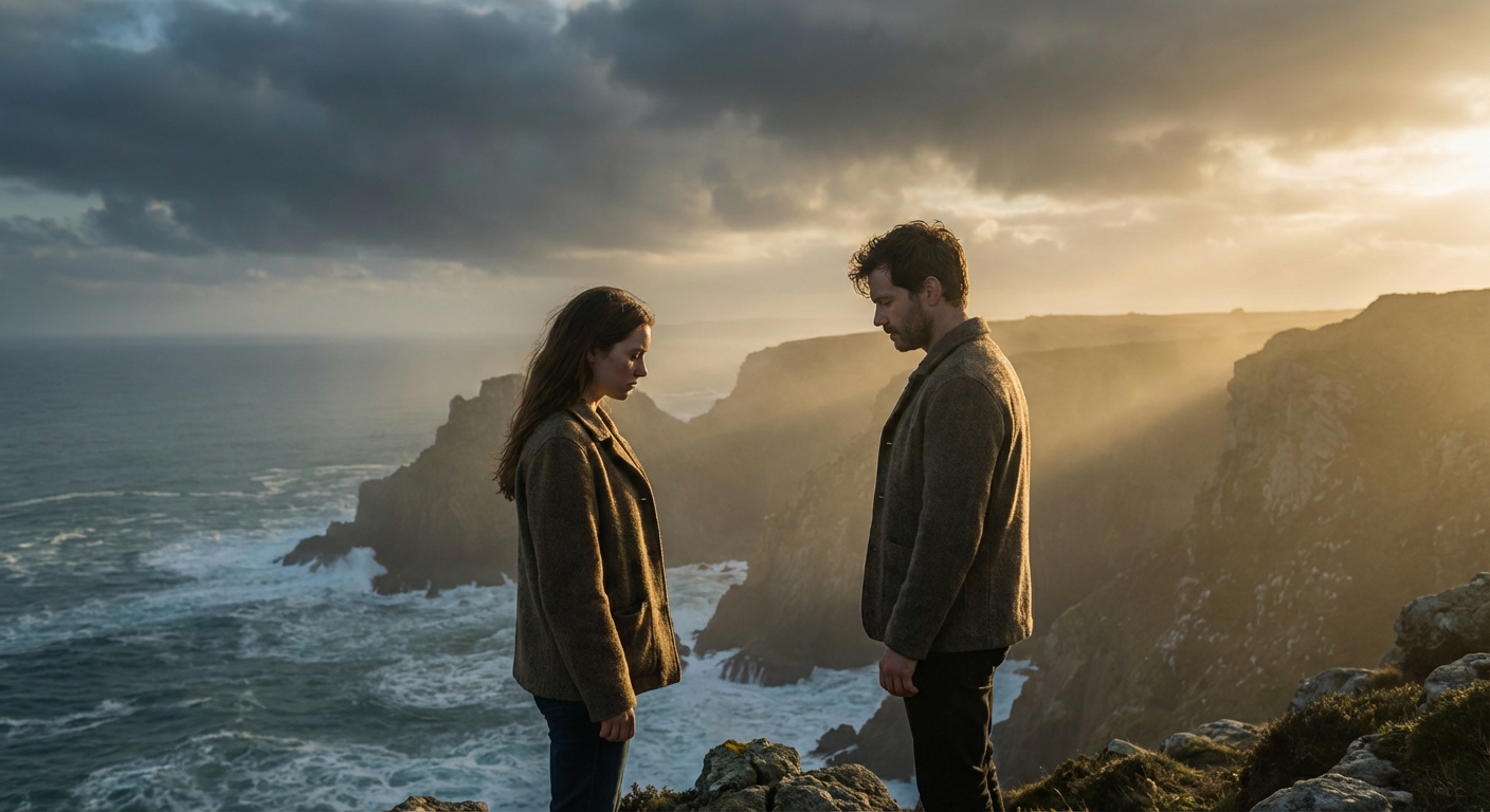 A couple standing together on a misty cliff at golden hour