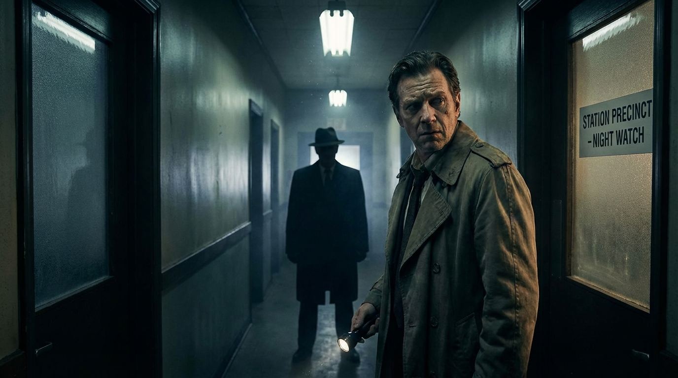 Two detectives in a dimly lit police station hallway, one looking back at their shadowed partner