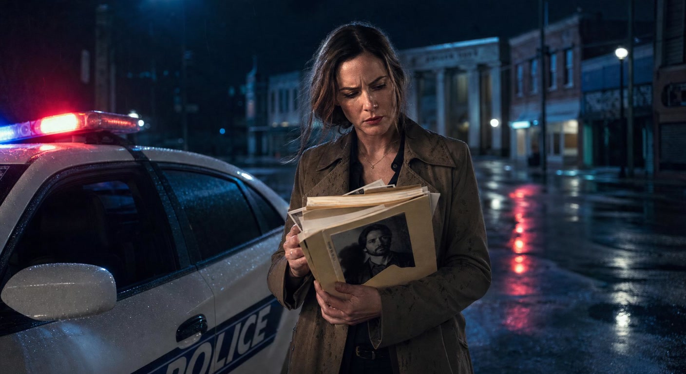 A wary woman detective reviewing a case file on a rain-slick small-town main street with police lights reflecting in dark storefront windows