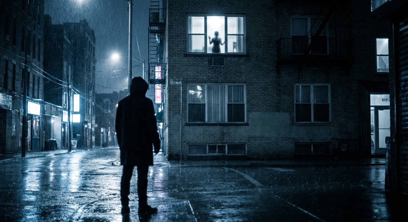 A shadowy figure watching from the darkness outside a lit window