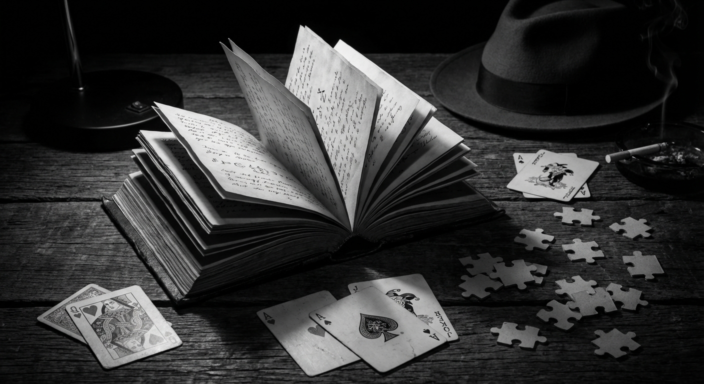 Open book surrounded by puzzle pieces and shadows suggesting hidden secrets