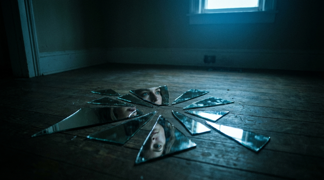 Fragmented mirror reflection suggesting fractured memory