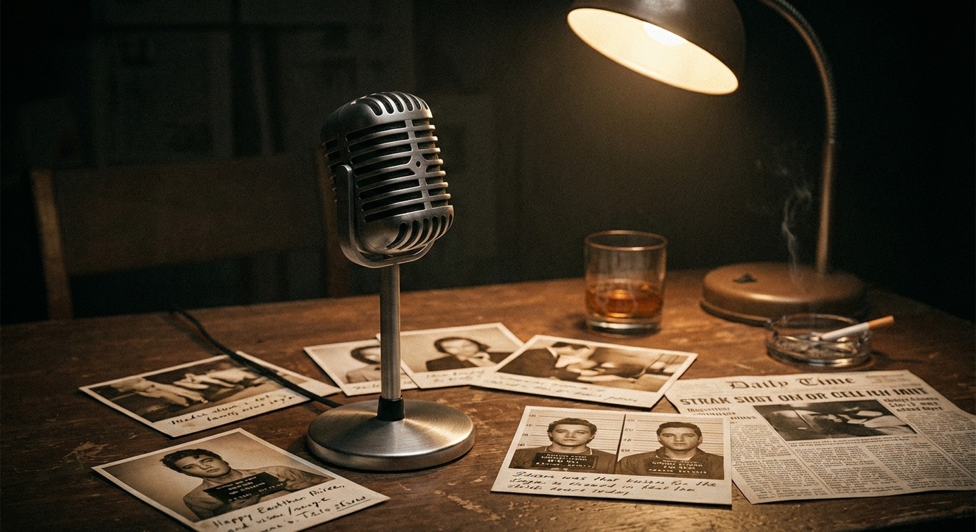 Vintage microphone on a dark desk surrounded by crime scene photos and case notes