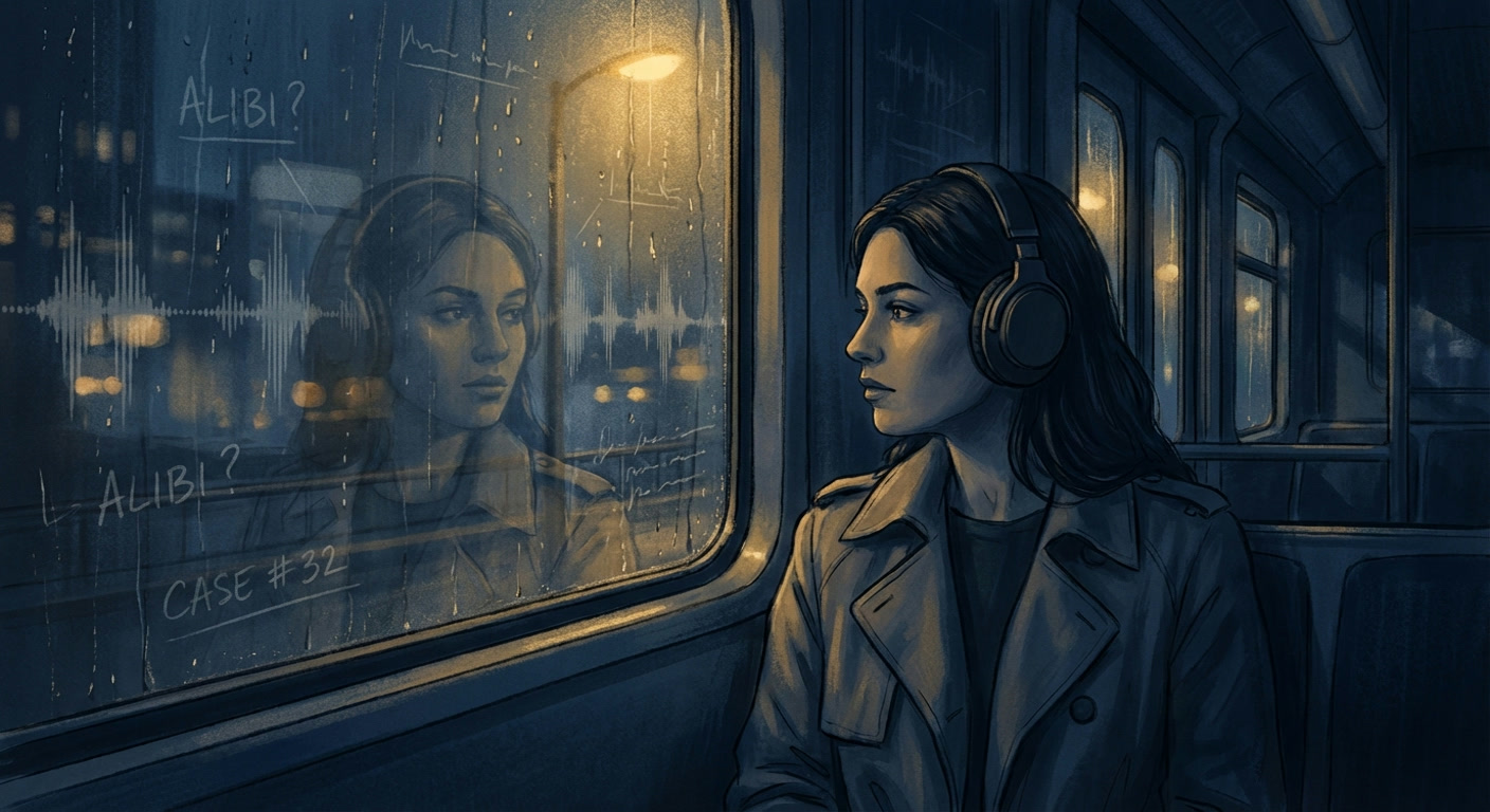 Woman in headphones on a late-night train, reflected in rain-streaked glass