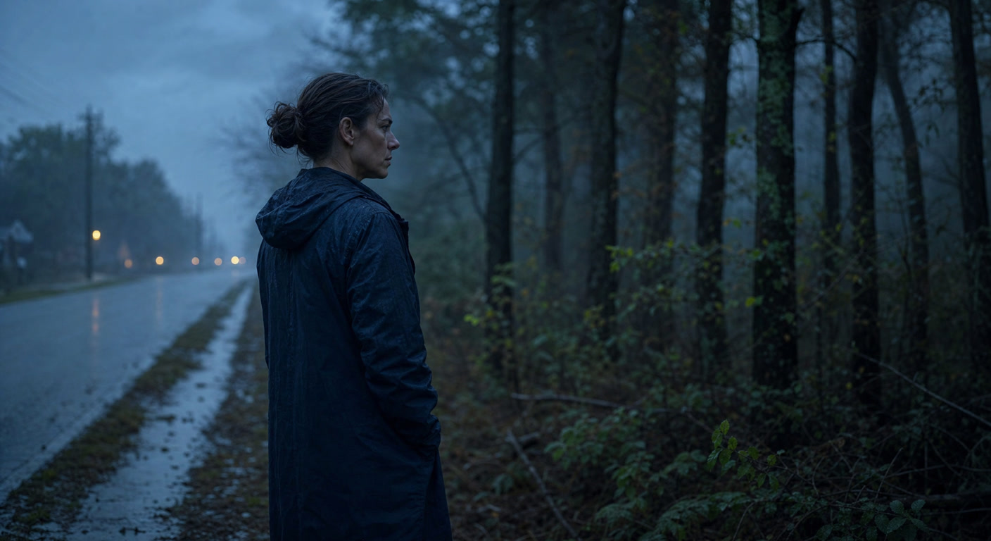 A lone detective standing at the edge of misty woods under cold blue evening light
