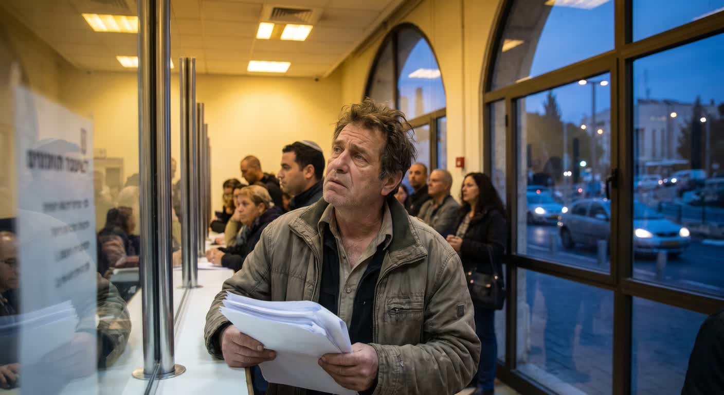 A man at a Jerusalem government counter at dusk clutching a stack of papers while fluorescent office lights glow behind the glass